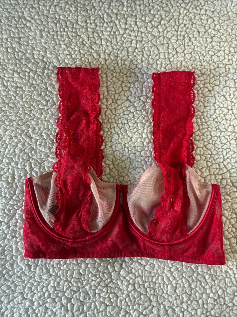 Victoria's Secret Red Floral Lace Underwire Balconette Bra 34D Very Sexy Sheer